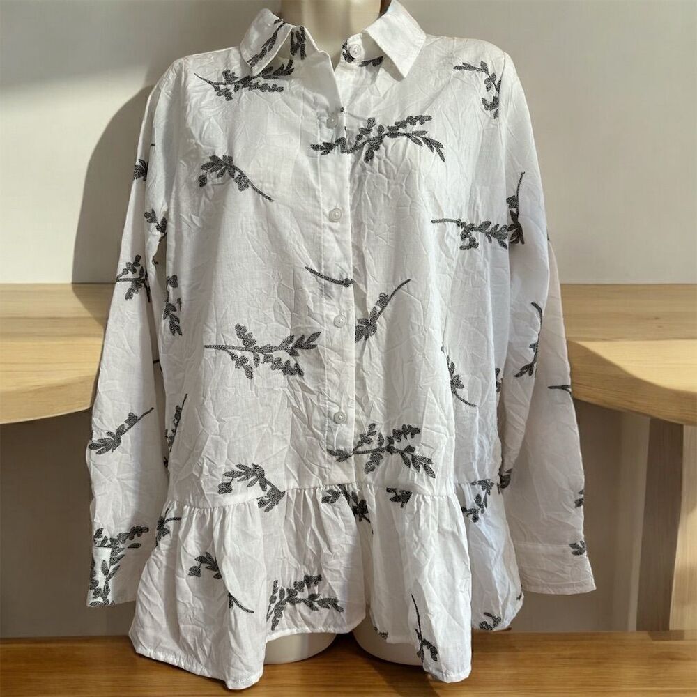 DKNY White Collared Crinkle Cotton Fern Embroidered Button Down Peplum Blouse